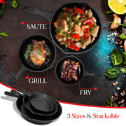 Cast Iron Skillet Cookware 3-Piece Set Chef Quality Pre-Seasoned Pan 10" 8" 6" Pans V324-TSD-FRPANSET