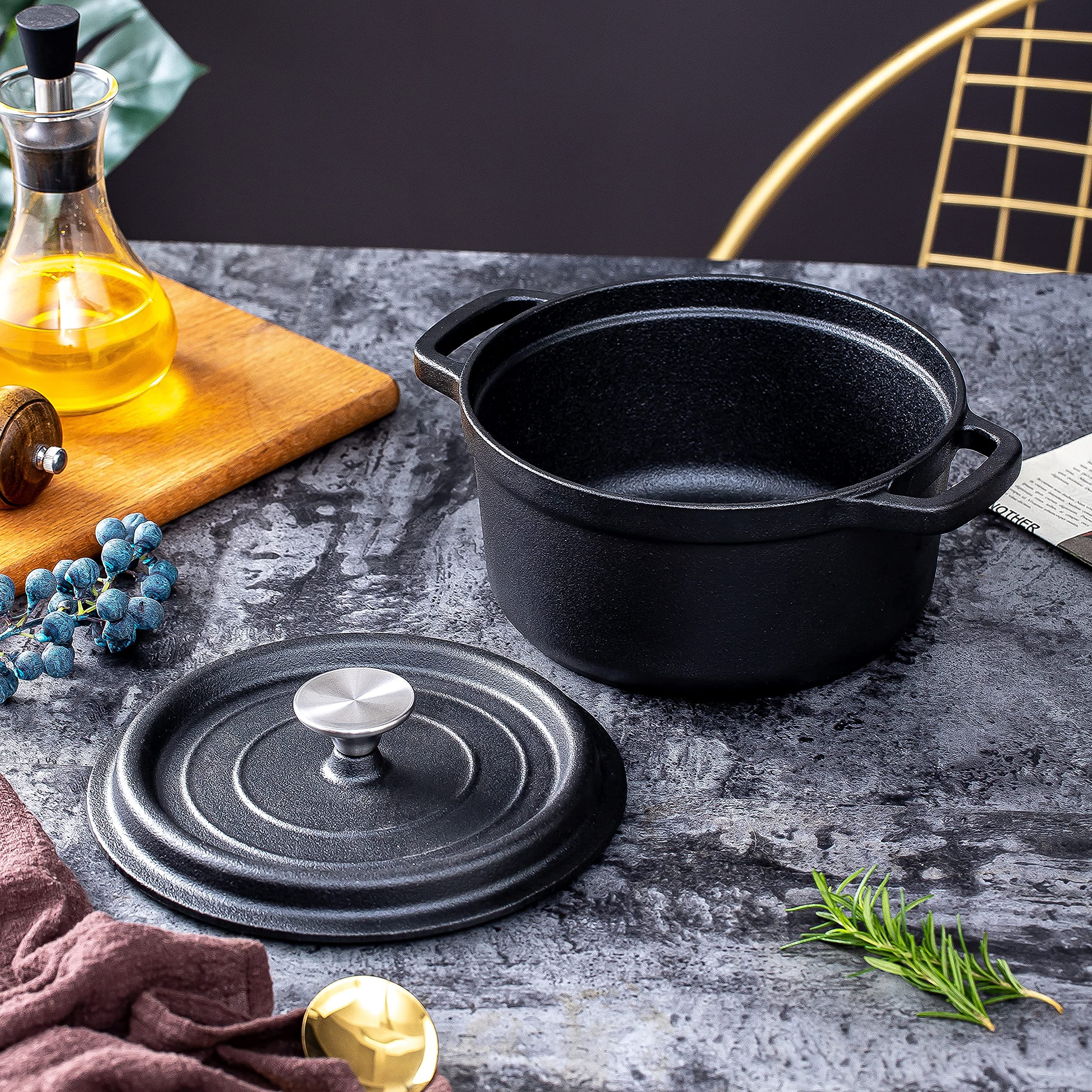 24cm Pre-seasoned NonStick Cast Iron Dutch Oven Handles Lid Skillet Cookware Braising Pot Pan Casserole V324-TSD-POT24CM