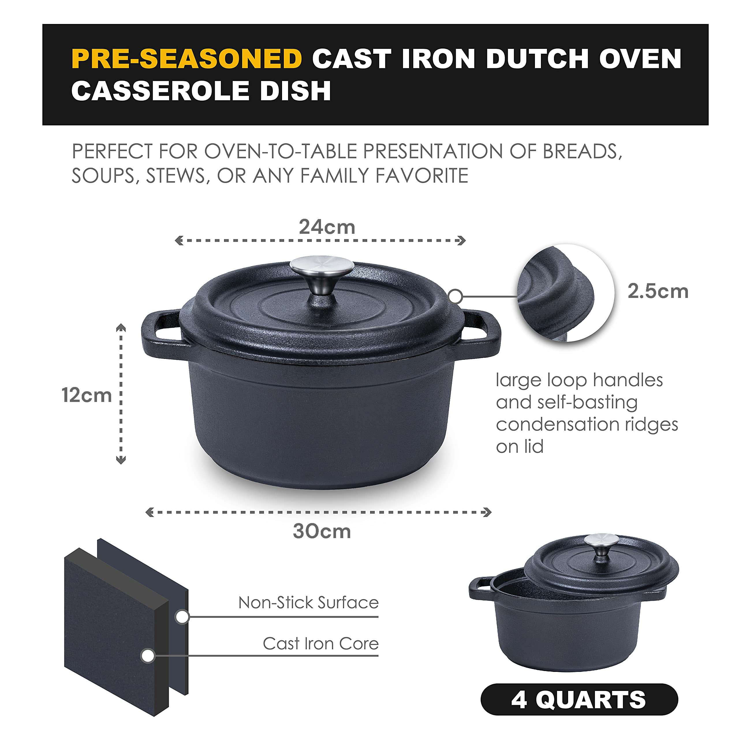 24cm Pre-seasoned NonStick Cast Iron Dutch Oven Handles Lid Skillet Cookware Braising Pot Pan Casserole V324-TSD-POT24CM
