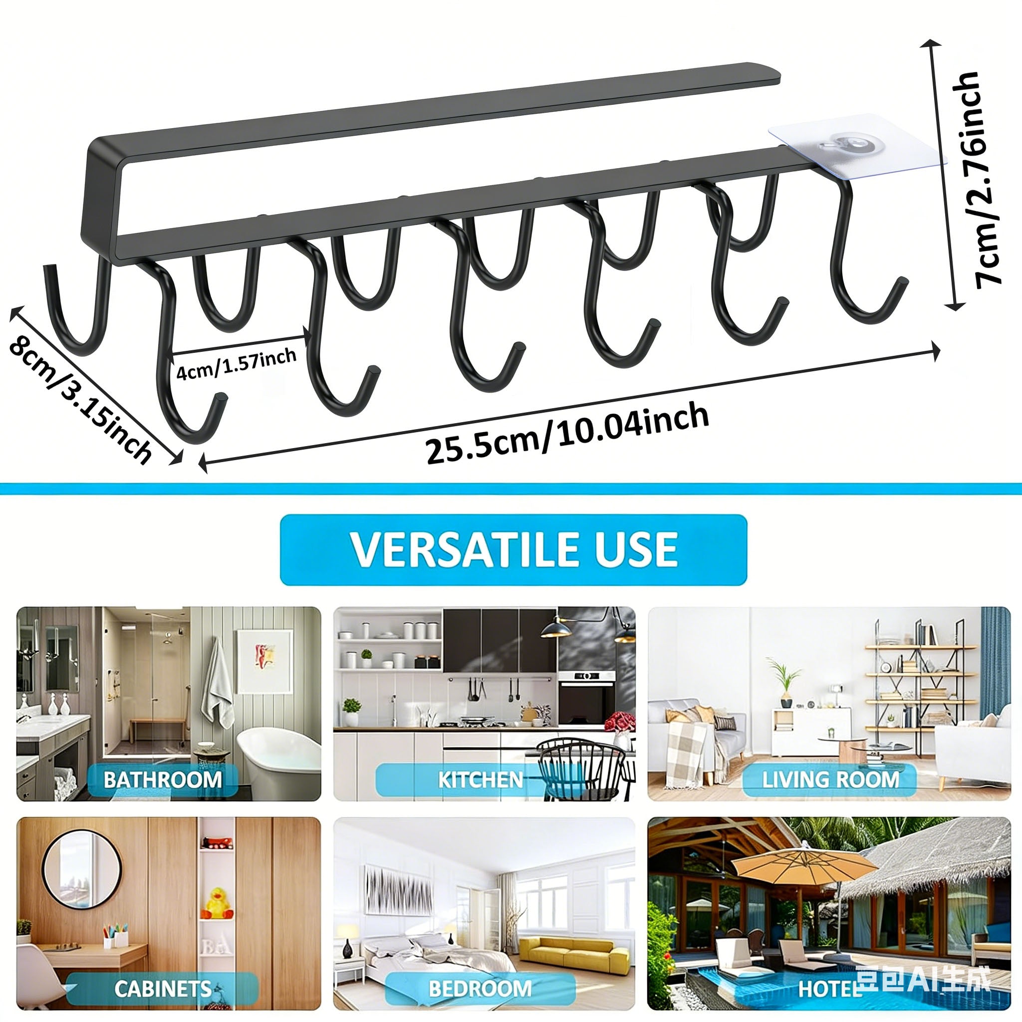 Under Cabinet Mug Holder 12 Hooks No Drill Cup Rack Organizer for Kitchen Storage Black V324-TYWJKITRACK12HK-BK