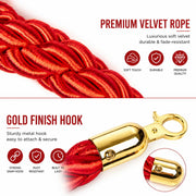 Premium Velvet Rope Barrier Queue Rope with Gold Hooks Red 150cm VIP Crowd Control Rope V324-VR150-RD-GH
