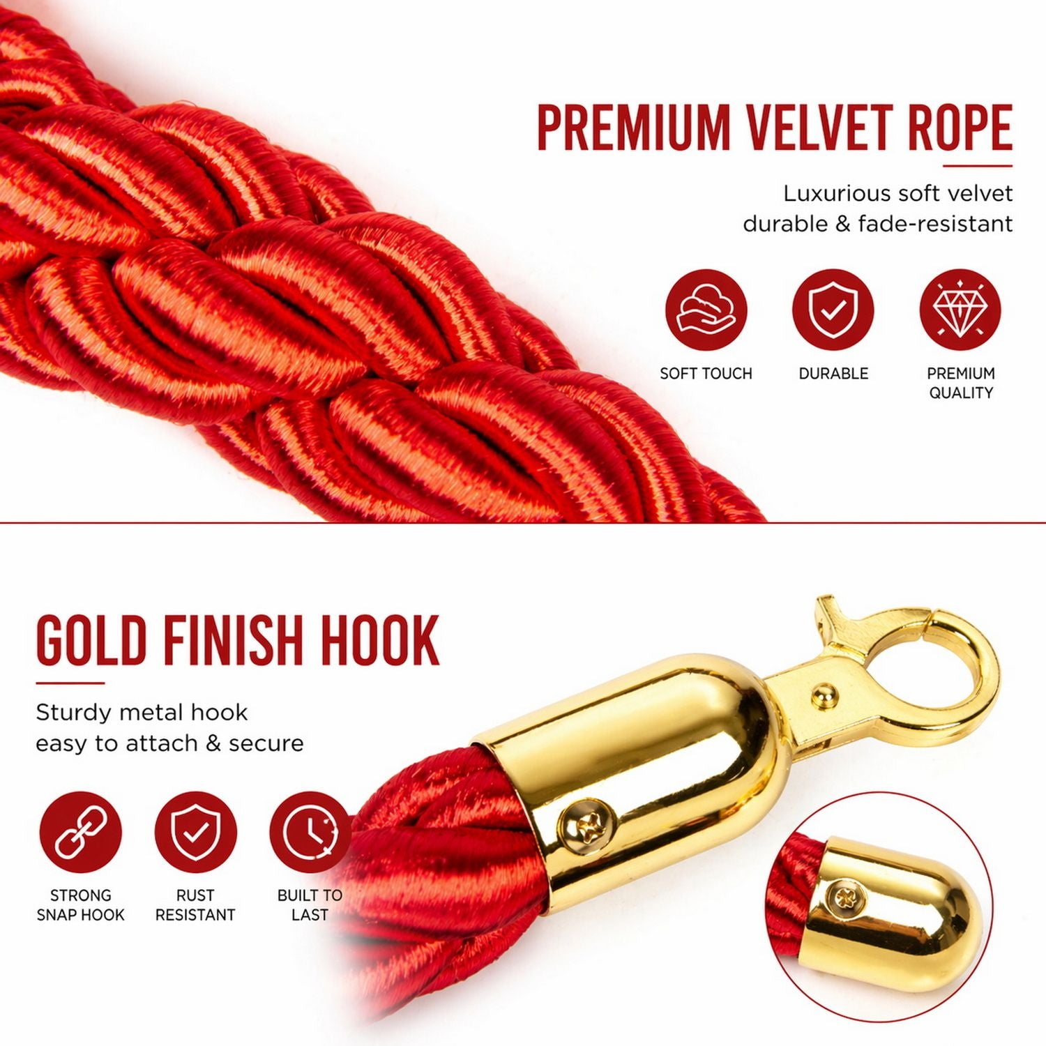 Premium Velvet Rope Barrier Queue Rope with Gold Hooks Red 150cm VIP Crowd Control Rope V324-VR150-RD-GH