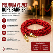 Premium Velvet Rope Barrier Queue Rope with Gold Hooks Red 150cm VIP Crowd Control Rope V324-VR150-RD-GH