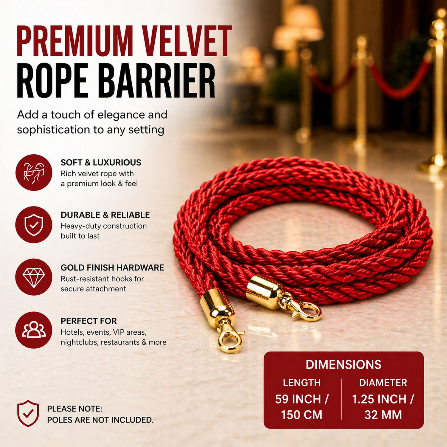 Premium Velvet Rope Barrier Queue Rope with Gold Hooks Red 150cm VIP Crowd Control Rope V324-VR150-RD-GH