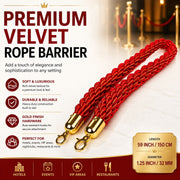 Premium Velvet Rope Barrier Queue Rope with Gold Hooks Red 150cm VIP Crowd Control Rope V324-VR150-RD-GH