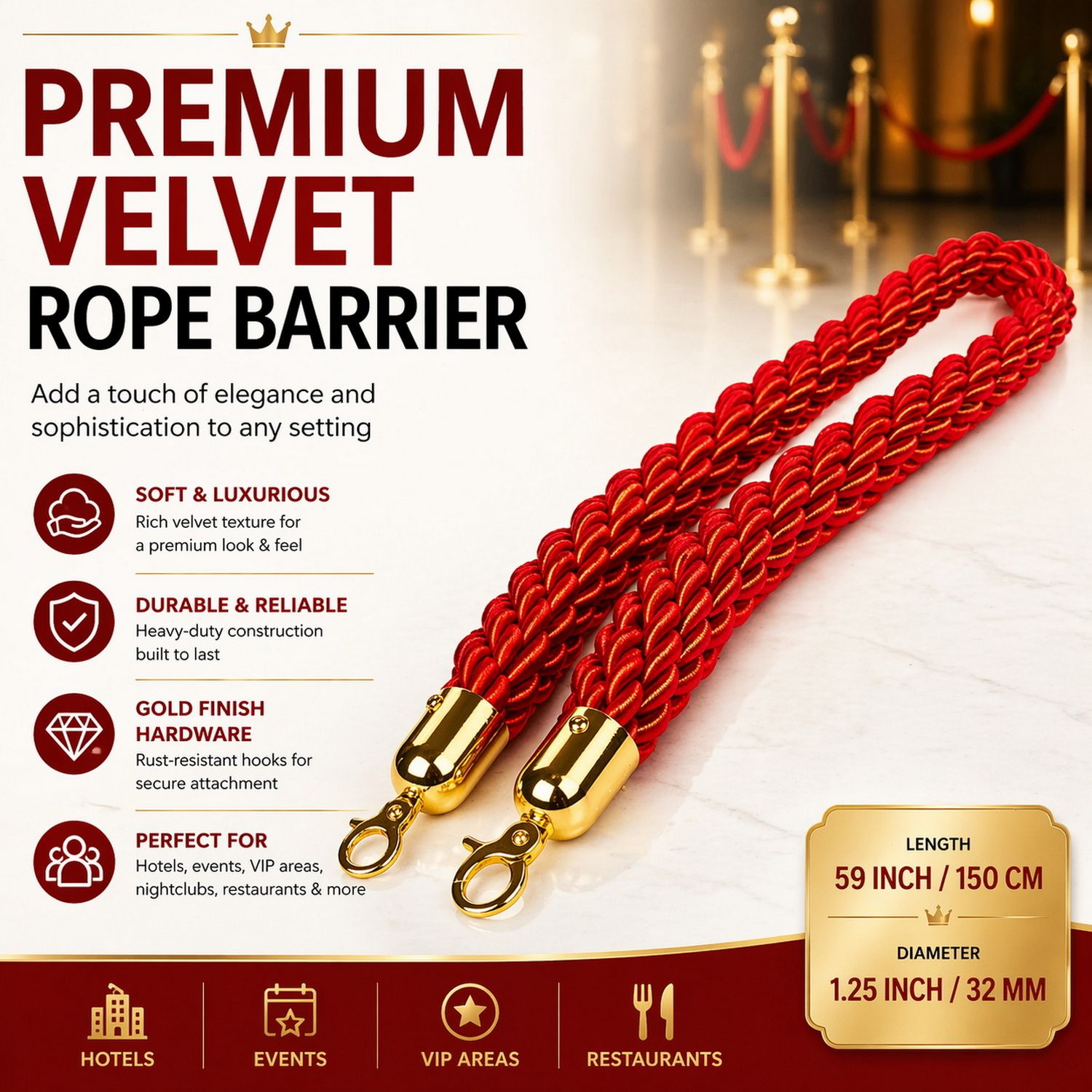 Premium Velvet Rope Barrier Queue Rope with Gold Hooks Red 150cm VIP Crowd Control Rope V324-VR150-RD-GH
