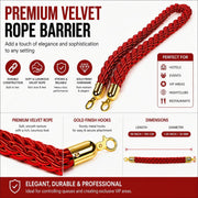 Premium Velvet Rope Barrier Queue Rope with Gold Hooks Red 150cm VIP Crowd Control Rope V324-VR150-RD-GH