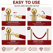 Premium Velvet Rope Barrier Queue Rope with Gold Hooks Red 150cm VIP Crowd Control Rope V324-VR150-RD-GH