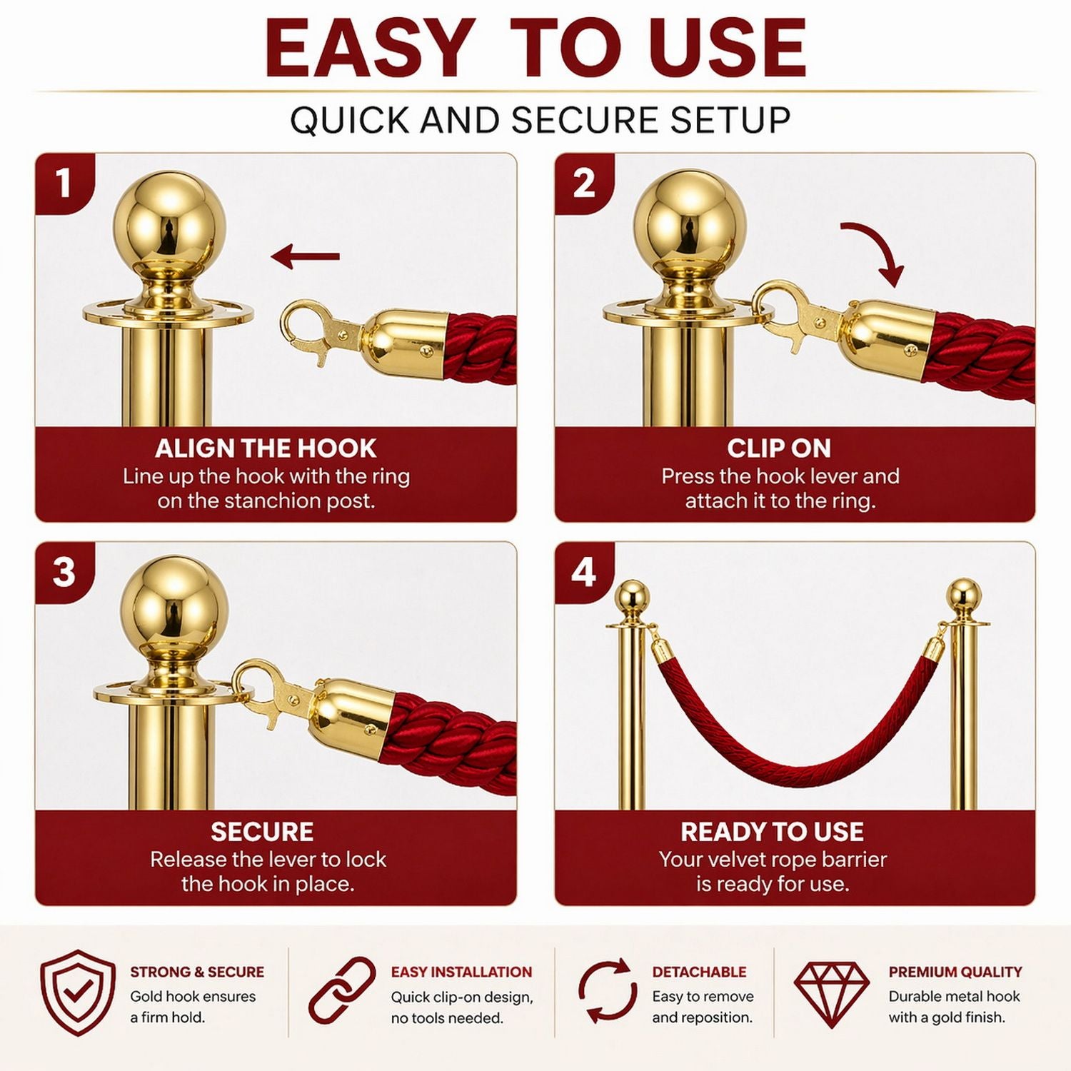 Premium Velvet Rope Barrier Queue Rope with Gold Hooks Red 150cm VIP Crowd Control Rope V324-VR150-RD-GH