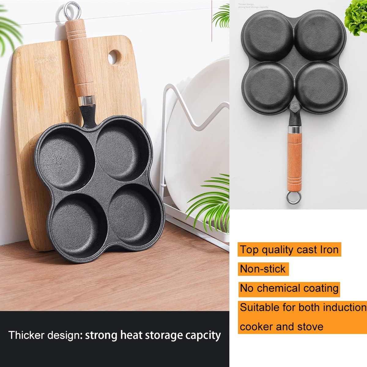 4 Cup Cast Iron Egg Frying Pan Divided Egg Skillet Pan Fried Egg Pan Cooker Pancake Egg Fryer V324-WD-EGGFRYPAN4P