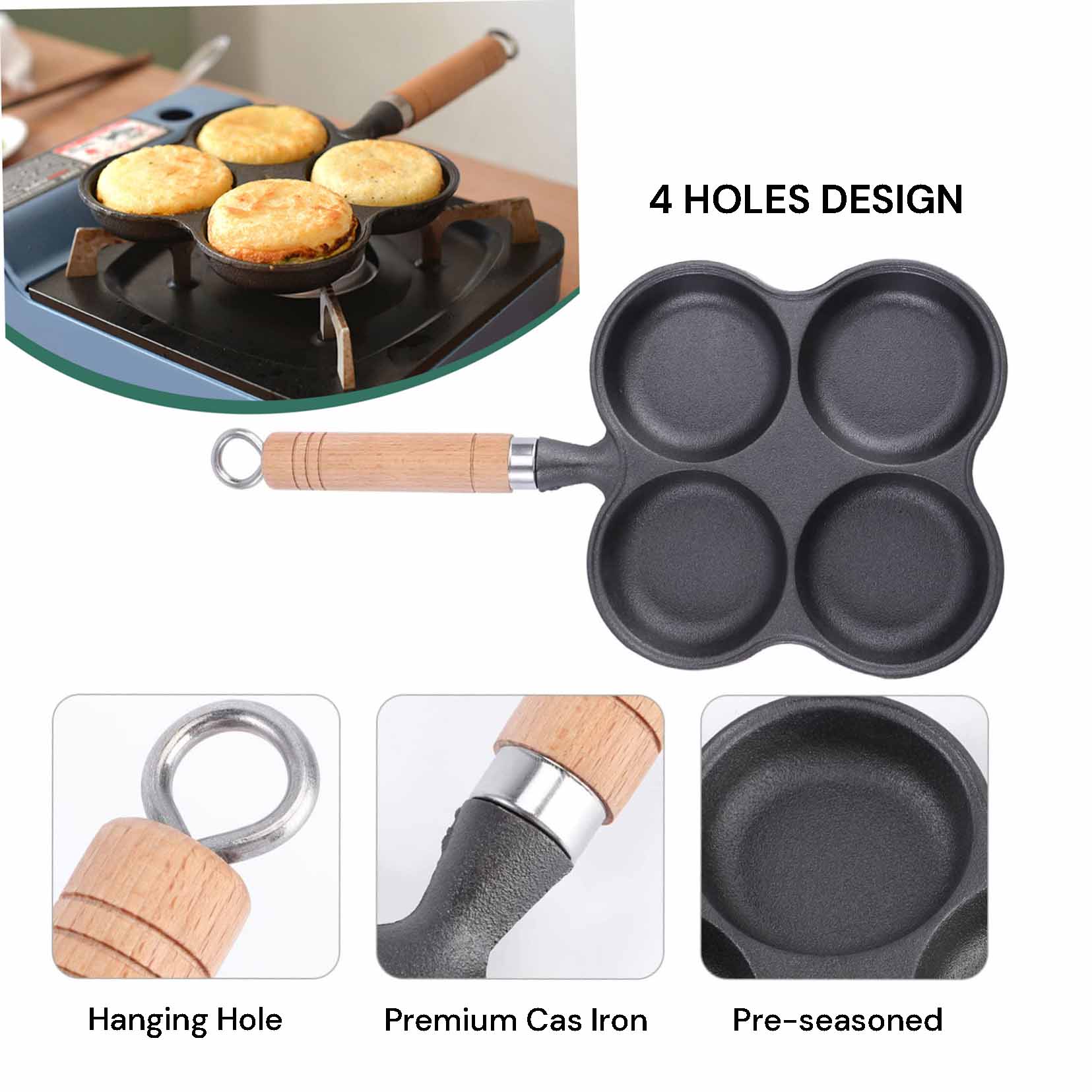 4 Cup Cast Iron Egg Frying Pan Divided Egg Skillet Pan Fried Egg Pan Cooker Pancake Egg Fryer V324-WD-EGGFRYPAN4P