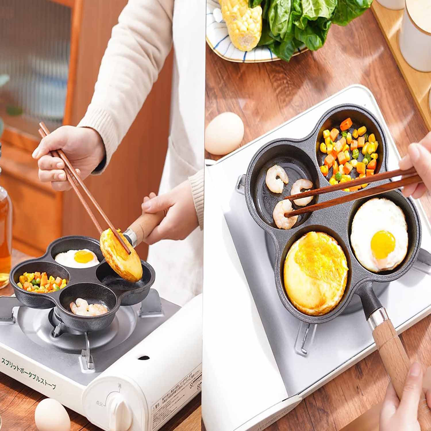 4 Cup Cast Iron Egg Frying Pan Divided Egg Skillet Pan Fried Egg Pan Cooker Pancake Egg Fryer V324-WD-EGGFRYPAN4P