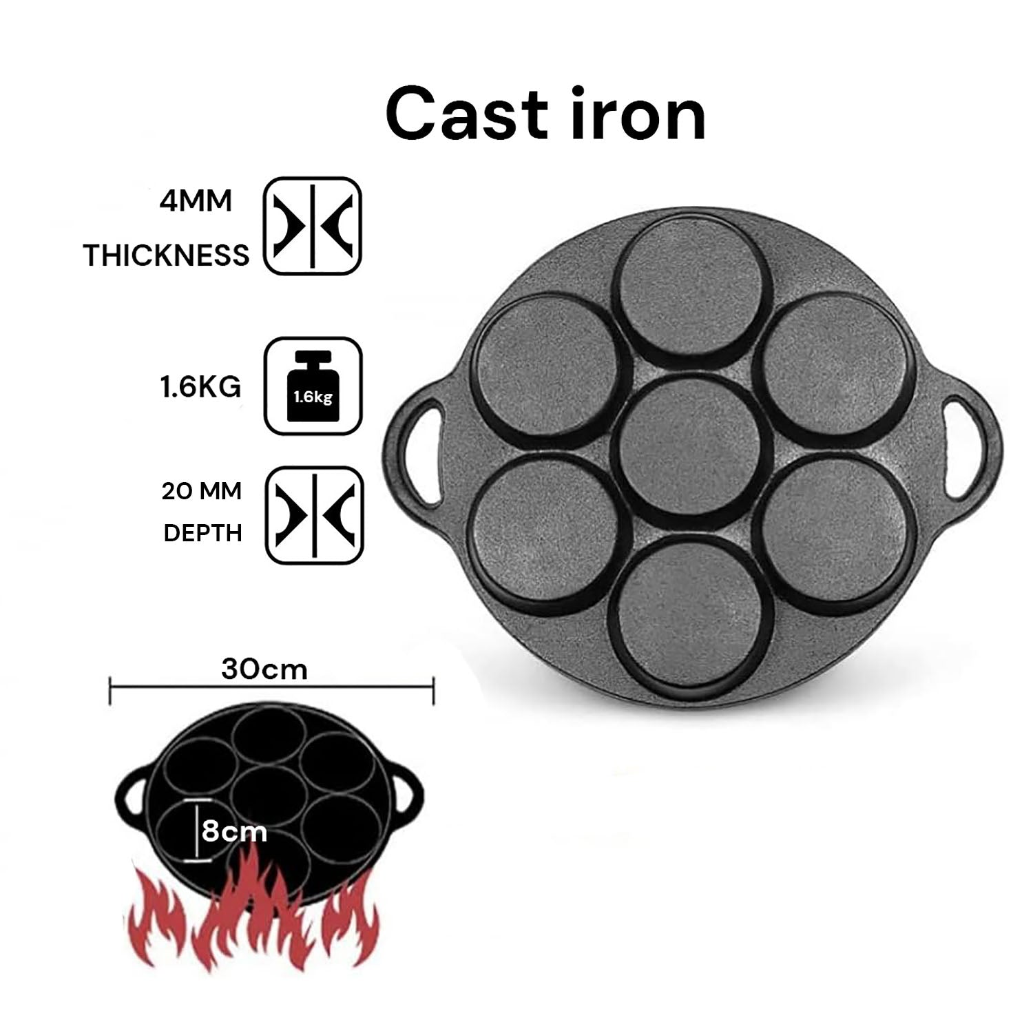 7 Cup Cast Iron Egg Frying Pan Divided Egg Skillet Pan Fried Egg Pan Cooker Pancake Egg Fryer V324-WD-EGGFRYPAN7P
