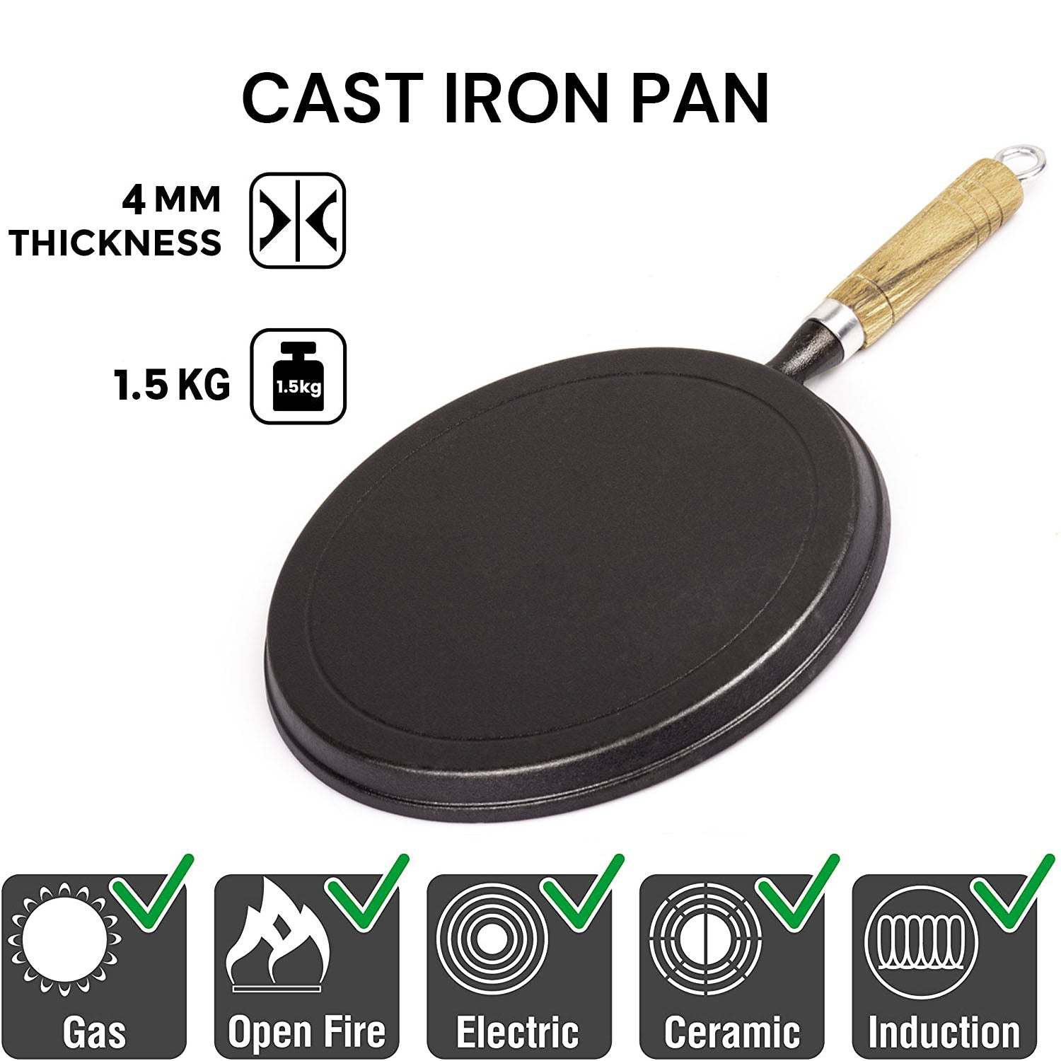 Pre-Seasoned 26cm Cast Iron Fry Pan Cookware Heat-Resistant Wooden Handle V324-WD-FRYPAN26CM