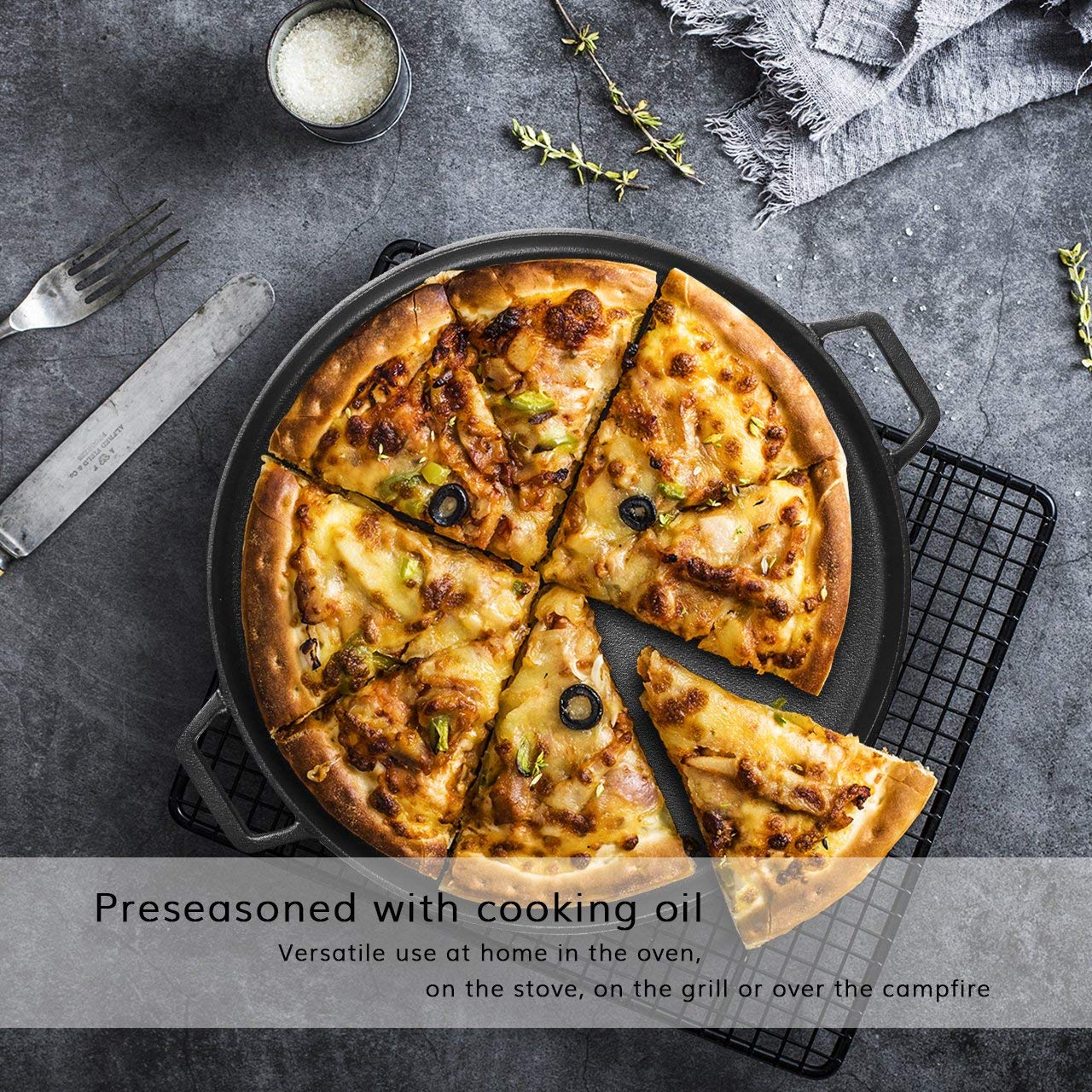 13.5" 35cm Pre-Seasoned Cast Iron Pizza Baking Pan Cooking Griddle Stove Oven Grill Campfire V324-WD-LOFRYPAN35CM