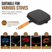 Premium Cast Iron Grill Pan 22cm Square Pre-Seasoned BBQ Steak Fry Pan Wooden Handle V324-WD-STEAKFRYPAN24CM