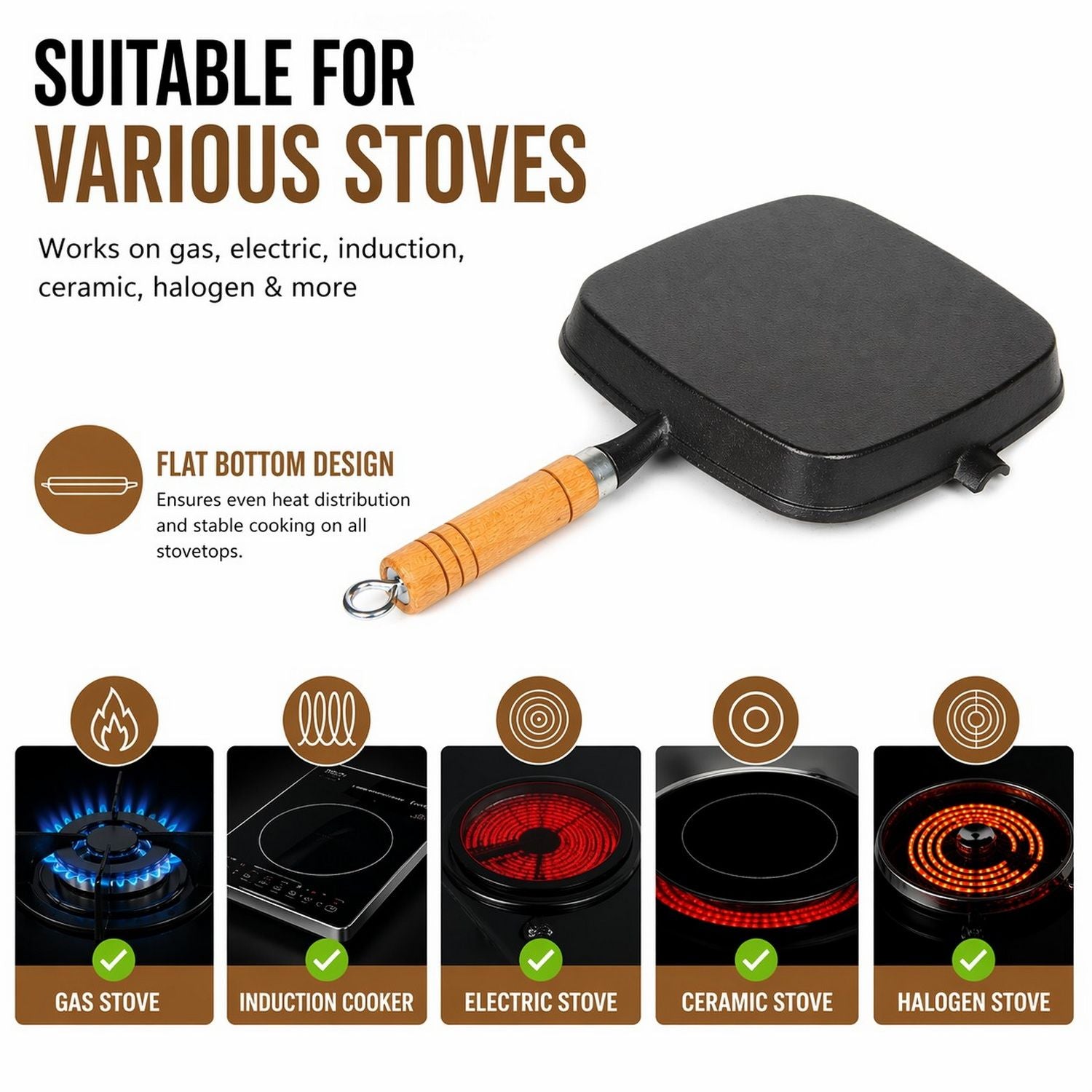 Premium Cast Iron Grill Pan 22cm Square Pre-Seasoned BBQ Steak Fry Pan Wooden Handle V324-WD-STEAKFRYPAN24CM