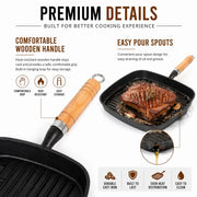 Premium Cast Iron Grill Pan 22cm Square Pre-Seasoned BBQ Steak Fry Pan Wooden Handle V324-WD-STEAKFRYPAN24CM