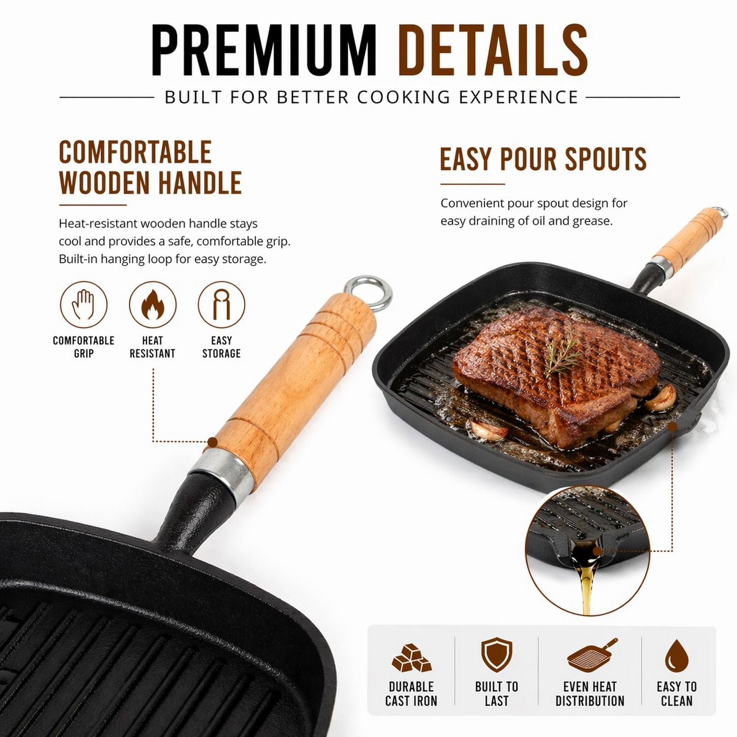 Premium Cast Iron Grill Pan 22cm Square Pre-Seasoned BBQ Steak Fry Pan Wooden Handle V324-WD-STEAKFRYPAN24CM