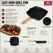 Premium Cast Iron Grill Pan 22cm Square Pre-Seasoned BBQ Steak Fry Pan Wooden Handle V324-WD-STEAKFRYPAN24CM