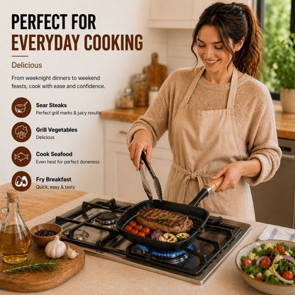 Premium Cast Iron Grill Pan 22cm Square Pre-Seasoned BBQ Steak Fry Pan Wooden Handle V324-WD-STEAKFRYPAN24CM