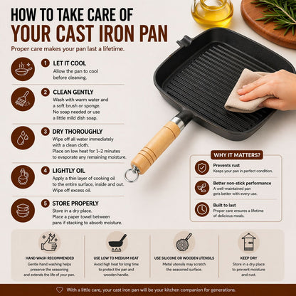 Premium Cast Iron Grill Pan 22cm Square Pre-Seasoned BBQ Steak Fry Pan Wooden Handle V324-WD-STEAKFRYPAN24CM