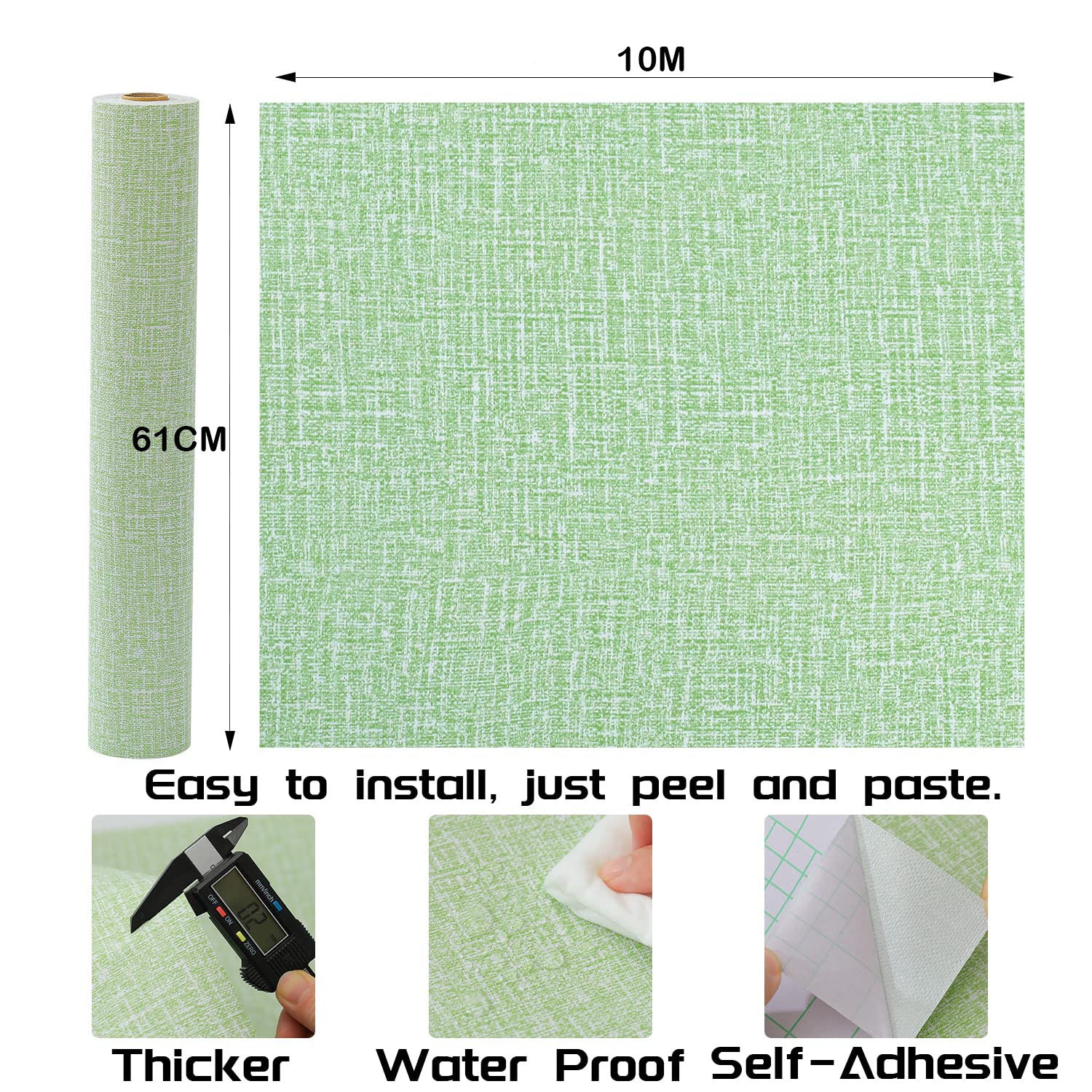 61cm x 10m Green Wallpaper Decor Faux Grasscloth Paper Wall Paper Self Adhesive Removable V324-WPGREEN-10M