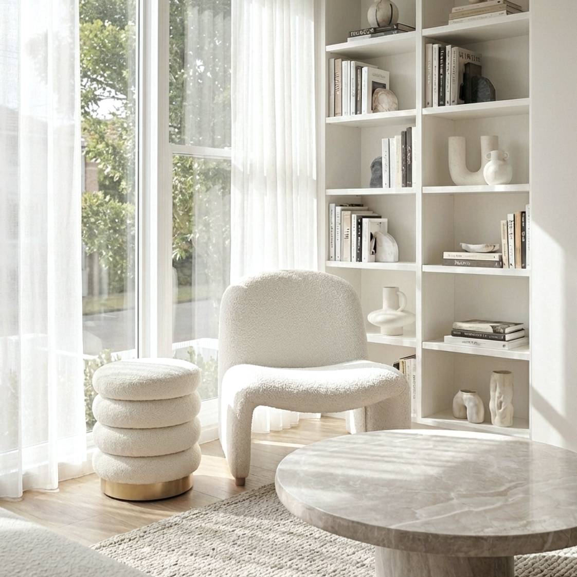 Interior Ave - Haven Curved Boucle Armchair - Sculptural White V355-IA-AC-HW