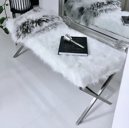 Interior Ave - Oxley Fur Bench - White & Silver V355-IA-B-OWS