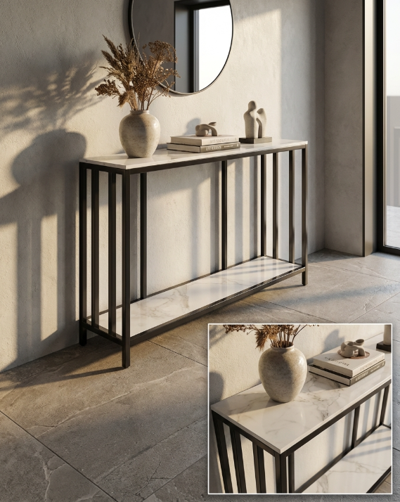 Interior Ave - Bronte Dual Layer Marble Stone Console - White Marble Stone V355-IA-CO2-MB