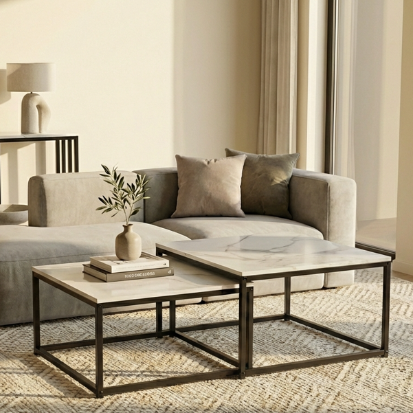 Interior Ave - Ciest Square Nested Coffee Table Set - White Marble Stone V355-IA-CT15-MB
