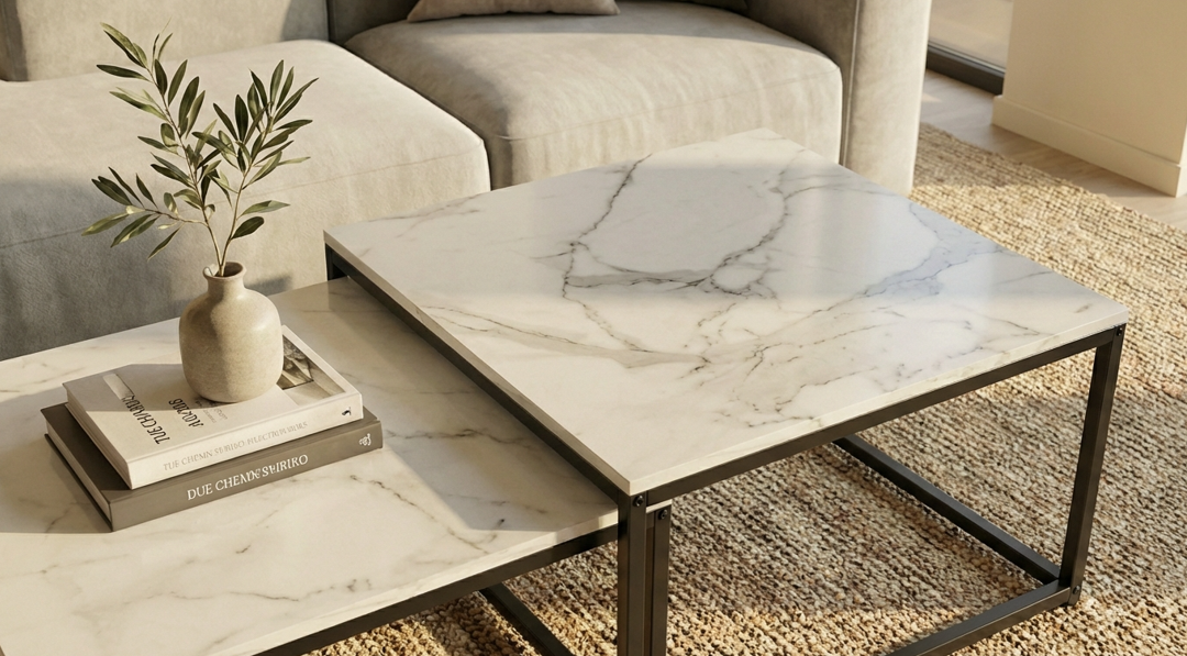 Interior Ave - Ciest Square Nested Coffee Table Set - White Marble Stone V355-IA-CT15-MB