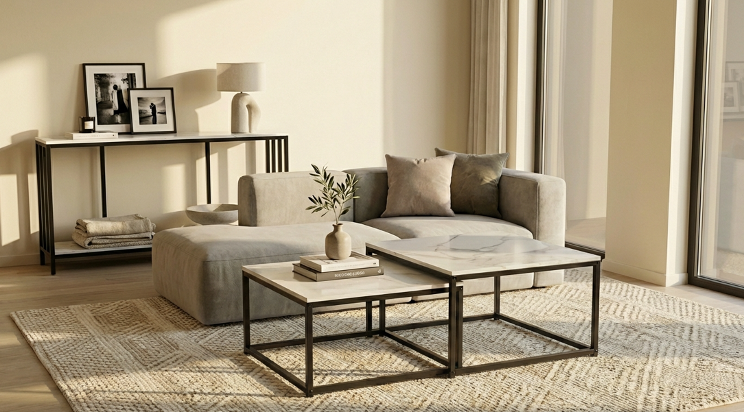 Interior Ave - Ciest Square Nested Coffee Table Set - White Marble Stone V355-IA-CT15-MB