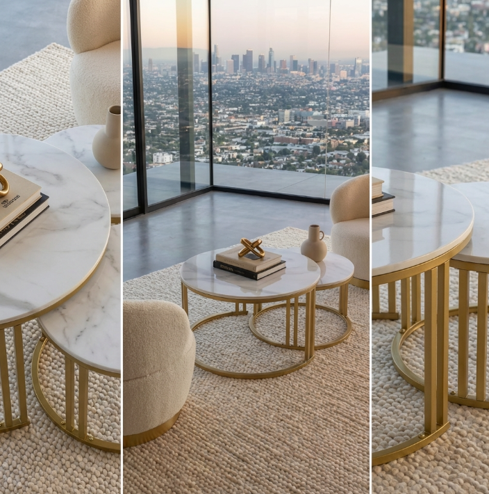 Interior Ave - Premier Nested Coffee Table Set - White Marble Stone V355-IA-CT18-MG