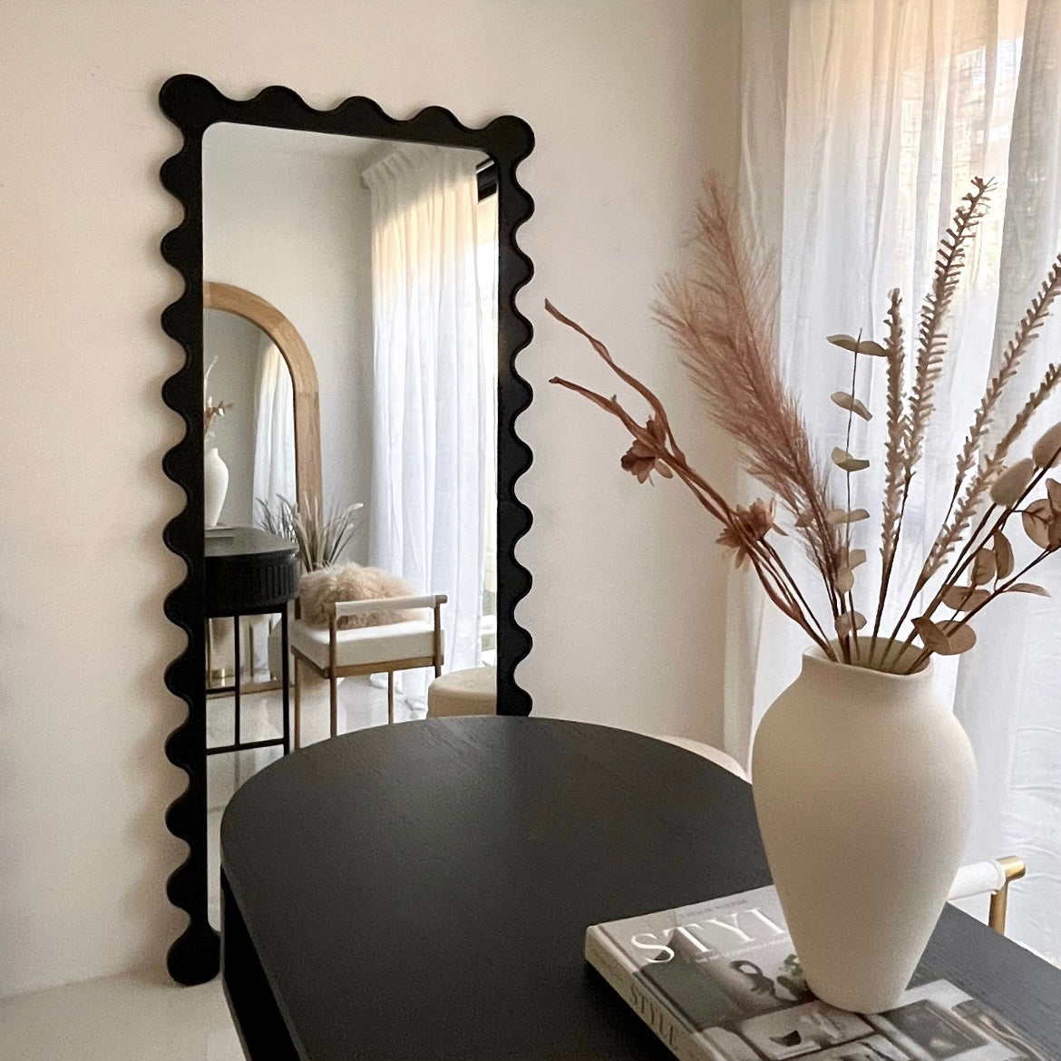 Interior Ave - Freya Scallop Mirror - Black - Large Full Length Mirror V355-IA-DM-FB