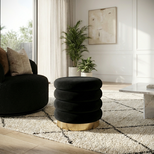 Interior Ave - Roma Round Velvet Ottoman / Footstool - Black V355-IA-OTT-ROM-BLK