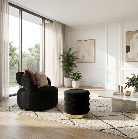 Interior Ave - Roma Round Velvet Ottoman / Footstool - Black V355-IA-OTT-ROM-BLK