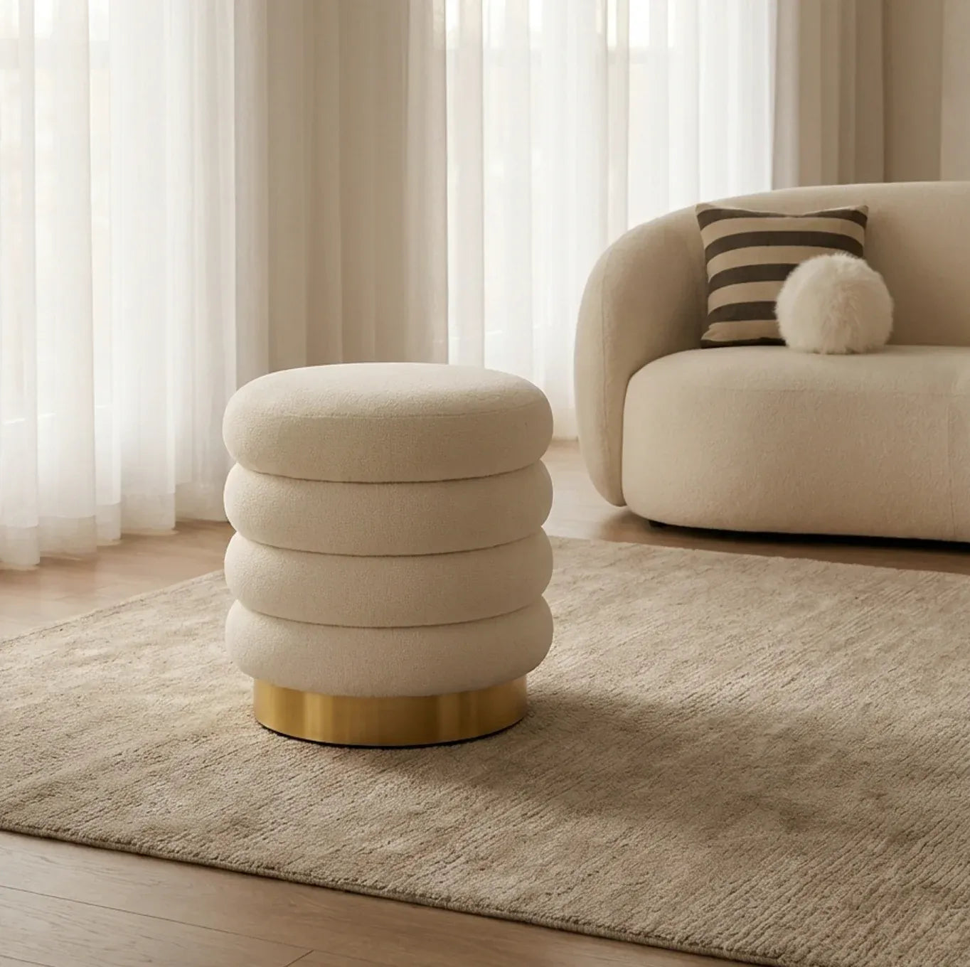Interior Ave - Roma Round Milan Ottoman / Footstool - Off White V355-IA-OTT-ROM-NAT