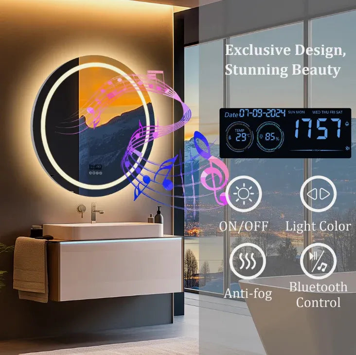 Interior Ave - 80cm Round Frameless LED Bathroom Mirror - Bluetooth V355-IA-RWM-80-BT