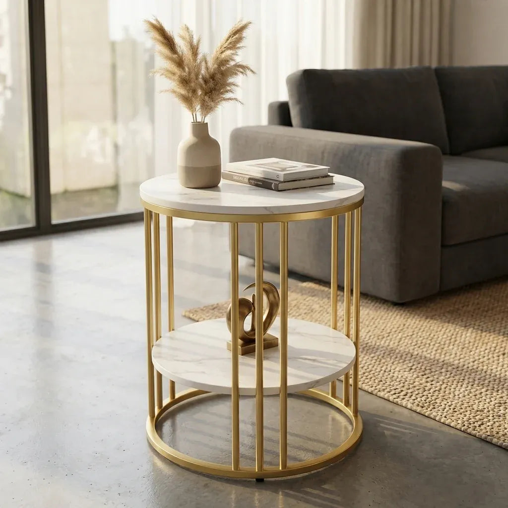 Interior Ave Cleo Gold Two Shelf Stone Side Table V355-JJ-XZ218-G1