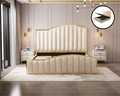 Elegant Luxury King Size Bedframe in Beige with Gas Lift Storage Velvet Fabric Golden Trim V357-STARSHINE-KING-BEIGE
