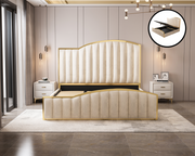 Elegant Luxury King Size Bedframe in Beige with Gas Lift Storage Velvet Fabric Golden Trim V357-STARSHINE-KING-BEIGE