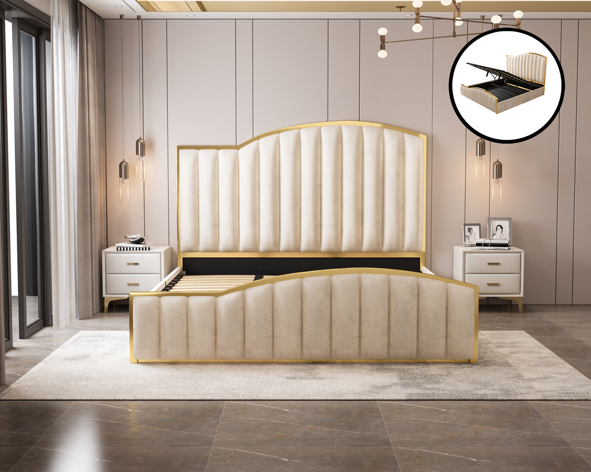 Elegant Luxury King Size Bedframe in Beige with Gas Lift Storage Velvet Fabric Golden Trim V357-STARSHINE-KING-BEIGE