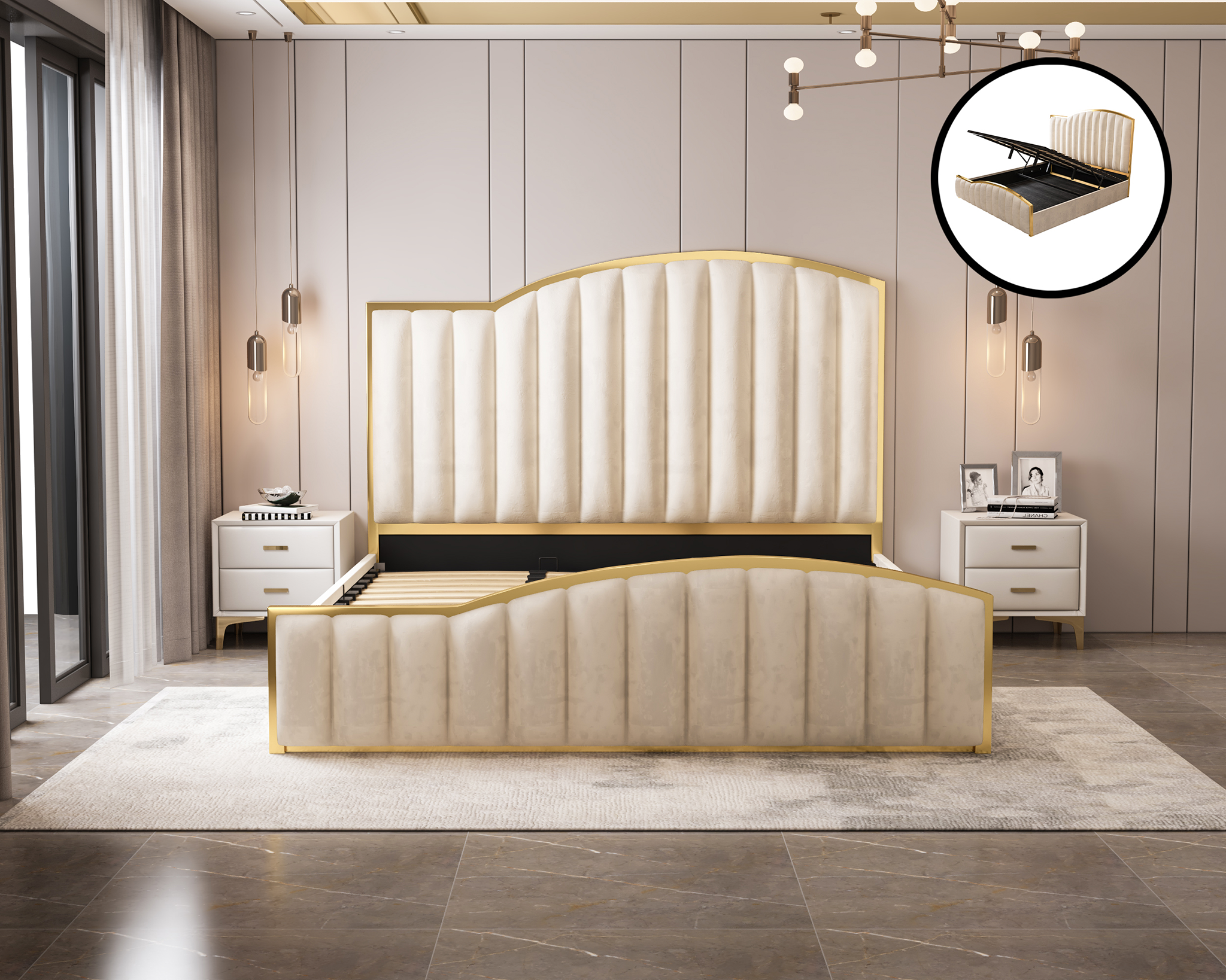 Elegant Luxury King Size Bedframe in Beige with Gas Lift Storage Velvet Fabric Golden Trim V357-STARSHINE-KING-BEIGE