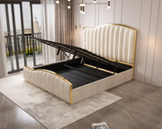Elegant Luxury King Size Bedframe in Beige with Gas Lift Storage Velvet Fabric Golden Trim V357-STARSHINE-KING-BEIGE