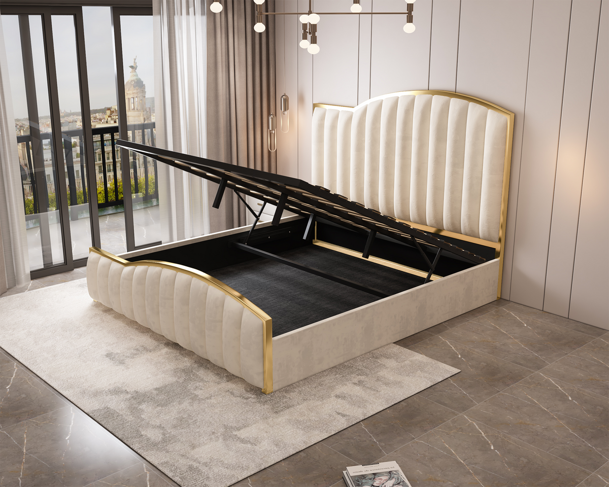 Elegant Luxury King Size Bedframe in Beige with Gas Lift Storage Velvet Fabric Golden Trim V357-STARSHINE-KING-BEIGE