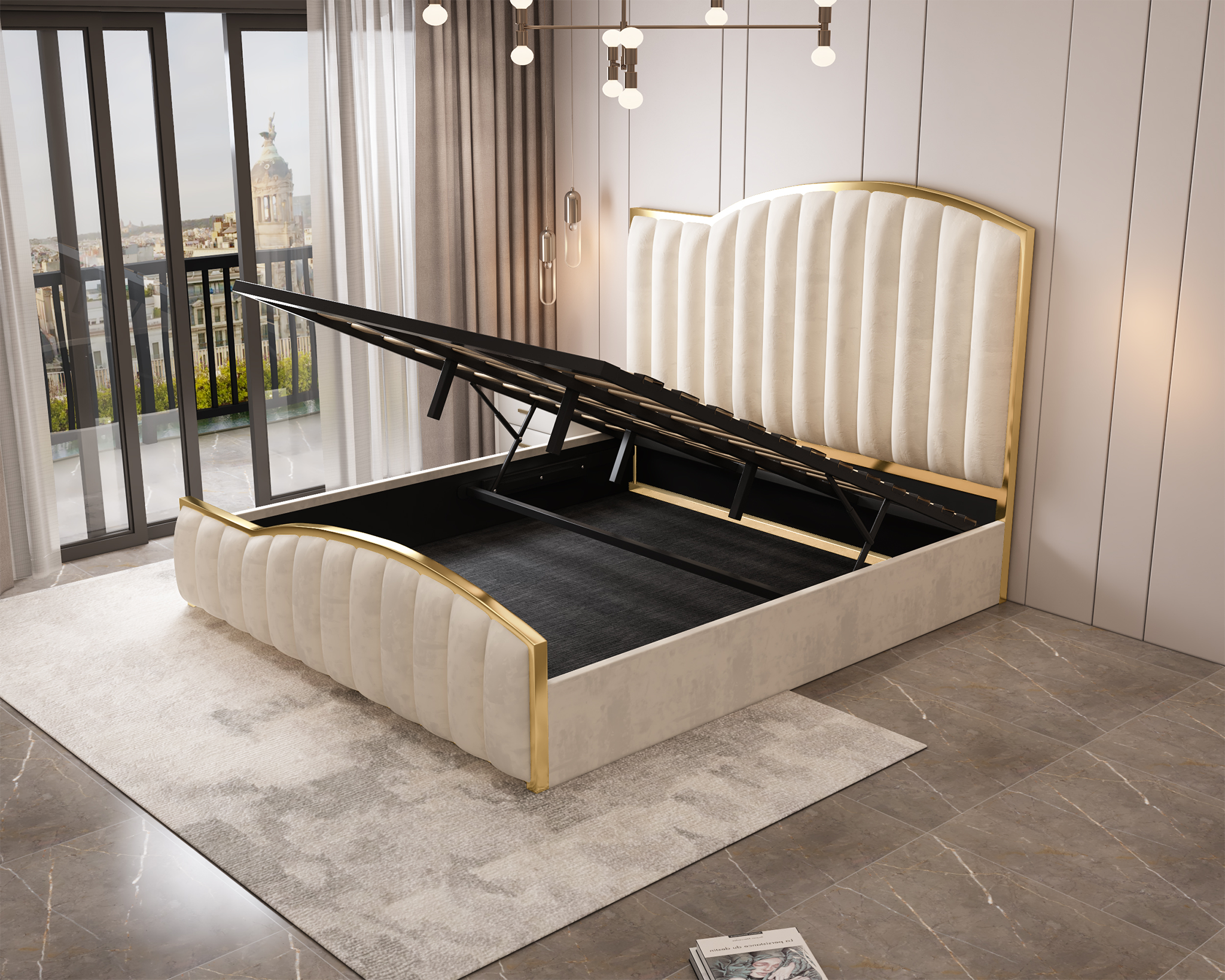 Elegant Luxury King Size Bedframe in Beige with Gas Lift Storage Velvet Fabric Golden Trim V357-STARSHINE-KING-BEIGE