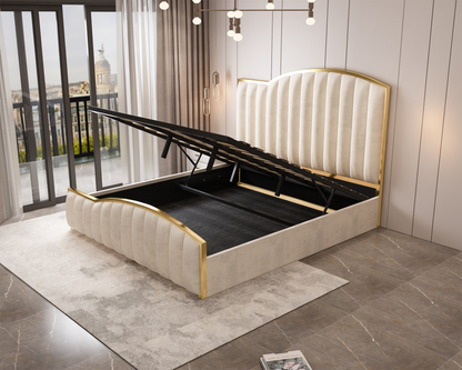 Elegant Luxury King Size Bedframe in Beige with Gas Lift Storage Velvet Fabric Golden Trim V357-STARSHINE-KING-BEIGE