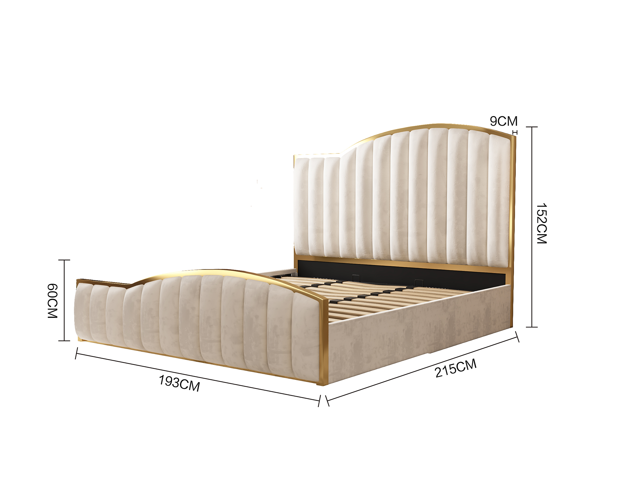 Elegant Luxury King Size Bedframe in Beige with Gas Lift Storage Velvet Fabric Golden Trim V357-STARSHINE-KING-BEIGE