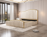 Elegant Luxury King Size Bedframe in Beige with Gas Lift Storage Velvet Fabric Golden Trim V357-STARSHINE-KING-BEIGE